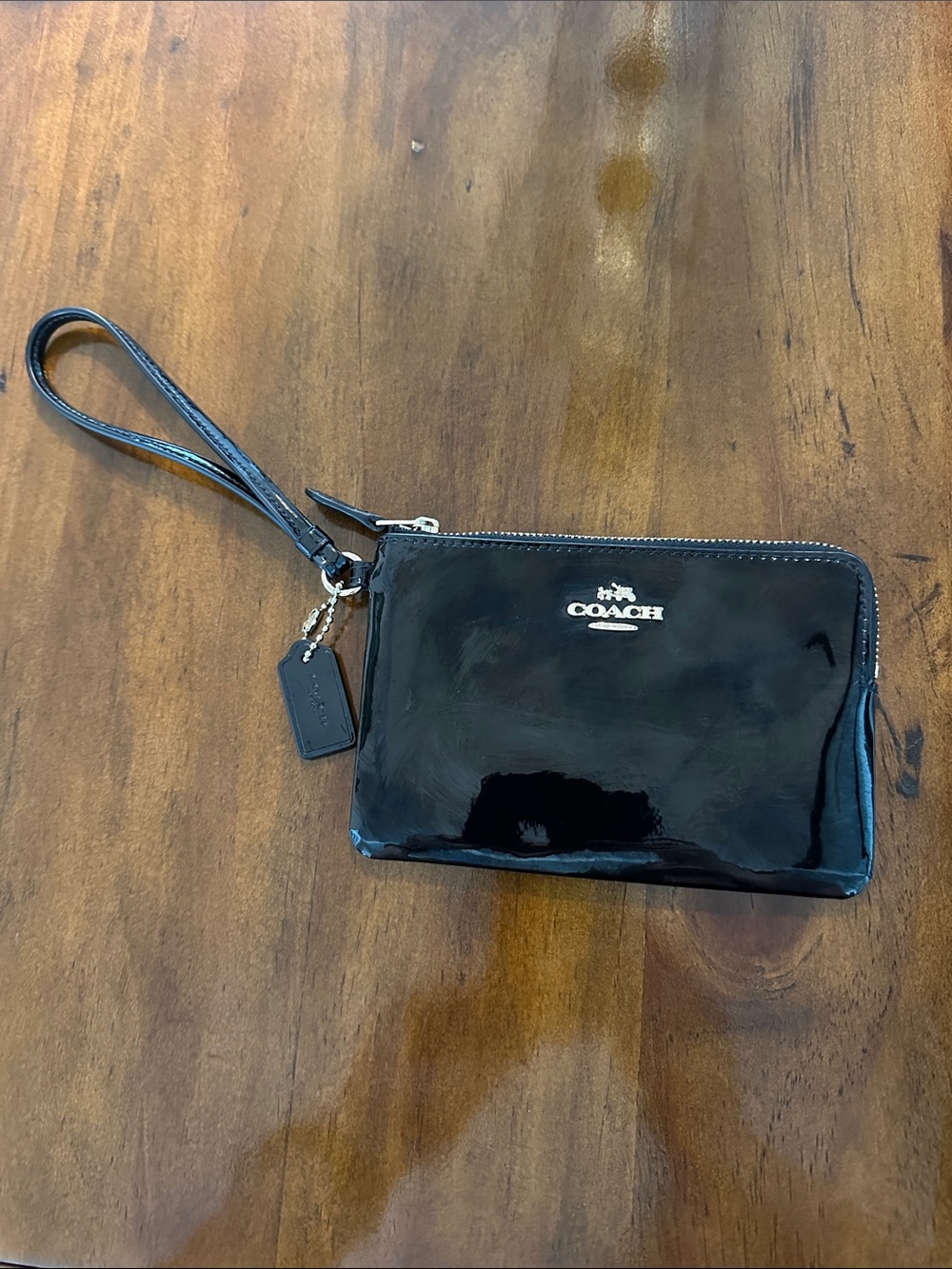 Coach Black Patent Leather Wristlet with Logo Plaque